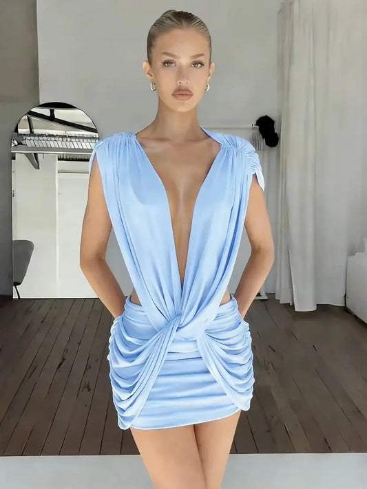 Sexy Blue Hollow-out Pleated Mini Dress Women Deep V-neck Sleeveless Backless Bodycon Vestidos 2026 New Lady Vacation Party Gown