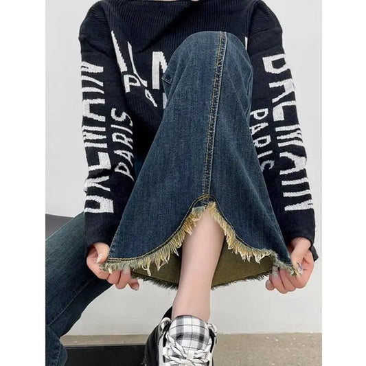 Plus-size slit elastic flared jeans for women, autumn high-waisted slimming straight wide-leg floor-length pants for plus-size