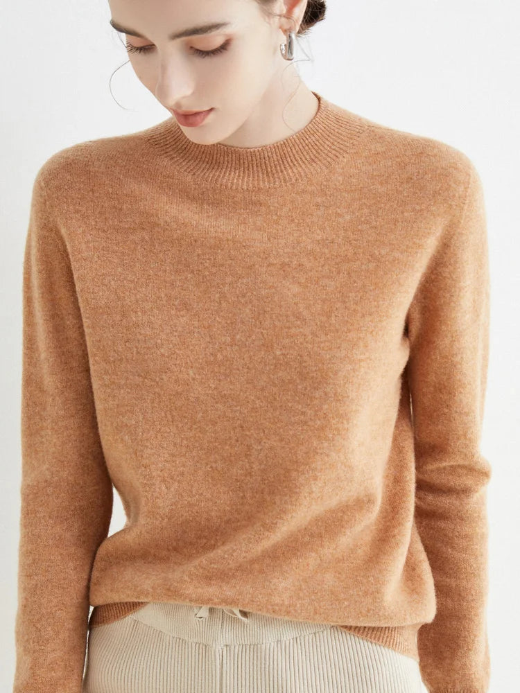 Women 100% Merino Wool Sweater For Autumn Winter  First Line Seamless Half-high Collar Pullover Basic Top OL Solid Soft Cashmere