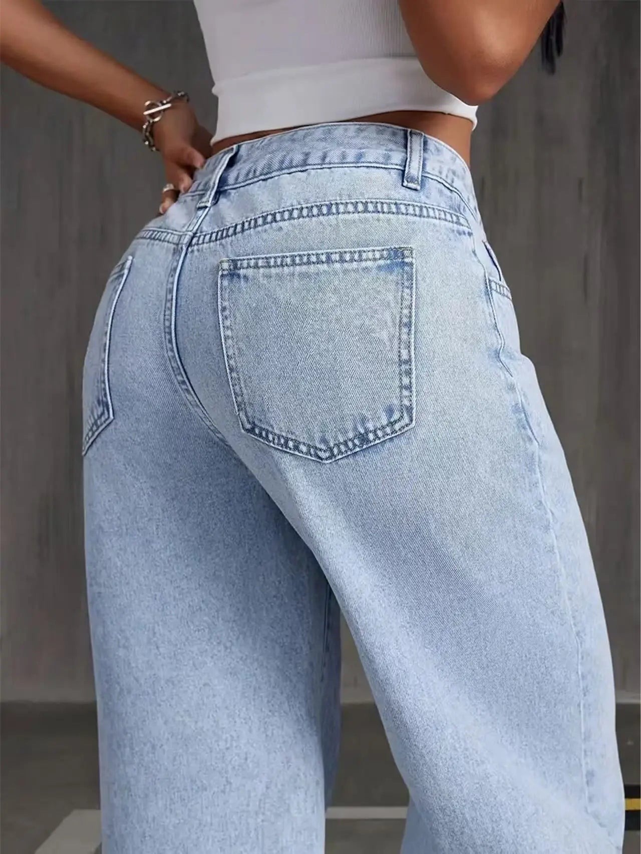 Women's Stretchy Loose Wide-Leg Straight Jeans, Acid-Washed Light Blue, Tummy Control, Casual Comfortable Solid Color Elegant Long Pants