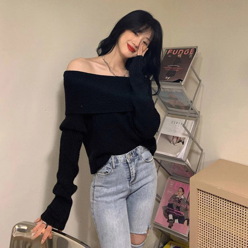 Smvp Slash Neck Knitted Sweater Women Sexy Off Shoulder Long Sleeve Pullovers Female Korean Elegant Thicken Slim Jumpers Top