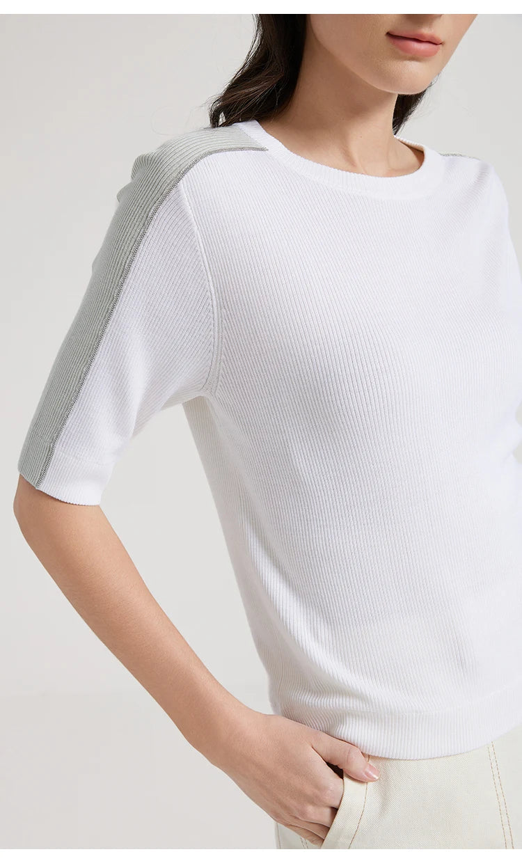 BC1042 Silk Merino Wool Blend Contrast Color Pullover Knitted Sweater for Women Luxury Summer Woolen Ladies Clothing
