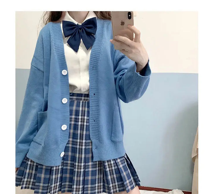 Japanese School Basic Sweaters Women Autumn Kawaii Solid V-neck Loose Knitted Cardigan Preppy Style Uniform Cosplay