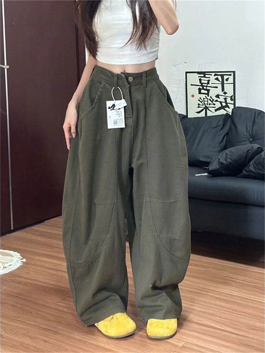 Botvotee Baggye Jeans for Women Army Green High Waist Loose Vintage Y2k  Long Denim Pants Female Fashion Streetwear Washed Jeans