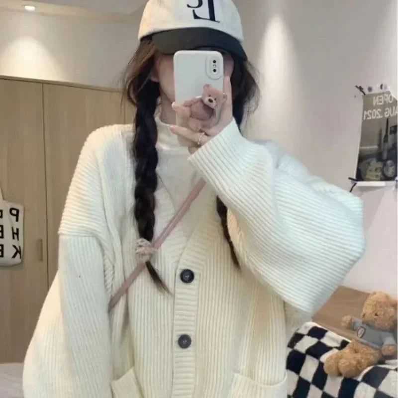 2024 New Preppy Style Women's Knit Sweater Cardigan Loose Fit V-neck Versatile Solid Color Korean Version Pullovers