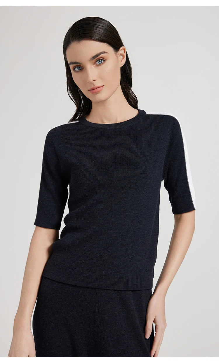 BC1042 Silk Merino Wool Blend Contrast Color Pullover Knitted Sweater for Women Luxury Summer Woolen Ladies Clothing