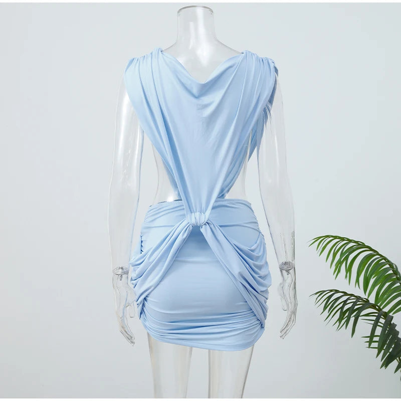 Sexy Blue Hollow-out Pleated Mini Dress Women Deep V-neck Sleeveless Backless Bodycon Vestidos 2026 New Lady Vacation Party Gown