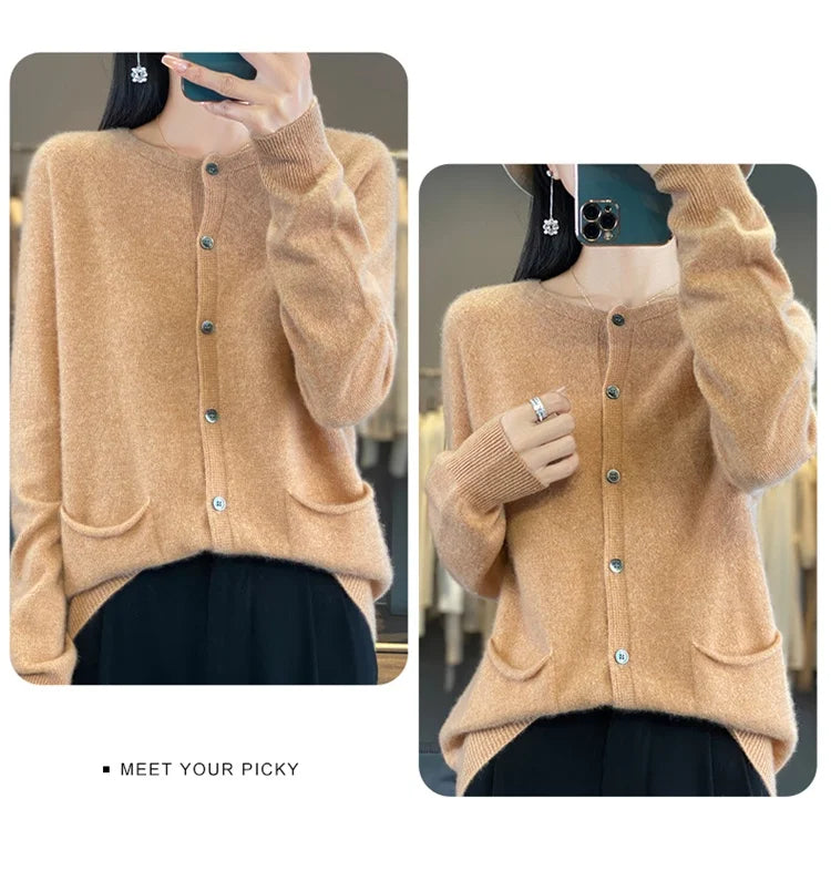 Women's Round Neck Knitted Solid Color Double Pocket Sweater For Autumn And Winter Warm And Loose Knit Cardigan Soft Wool Top ZD