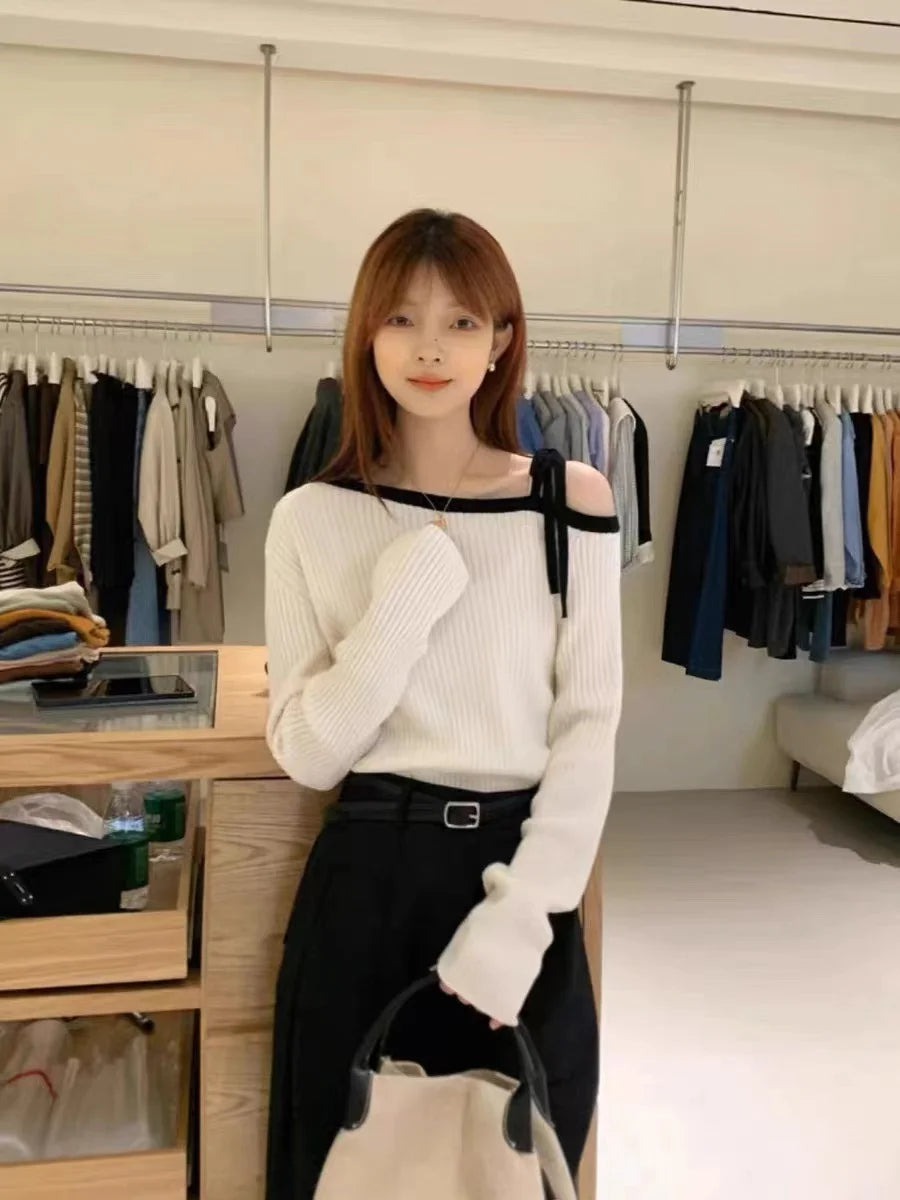 Fashion Autumn Women Knitted Top Pullover Off-shoulder Sweater Elegant Korean Style Knitwear Long Sleeve Casual Fall Clothing