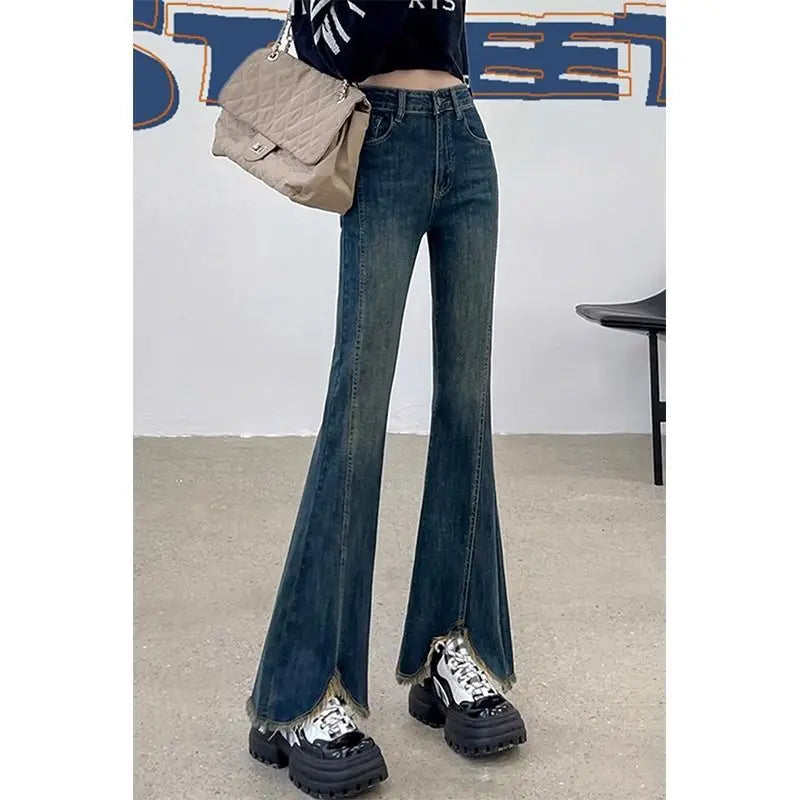 Plus-size slit elastic flared jeans for women, autumn high-waisted slimming straight wide-leg floor-length pants for plus-size