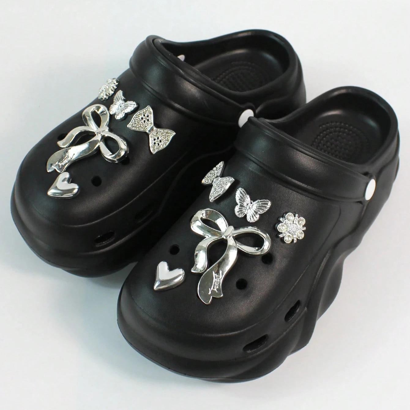 Women DIY Silver Butterfly-Knot Fashion Bow Decor Clogs Summer Sping Autumn Beach Sandals Cave Hole Garden Shoes Students Girls