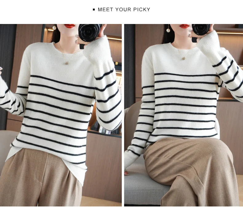 Women's Korean Version Spring Sweater With Dual Color Striped long Sleeved Round Neck New Pullover Sweater Made 100% Cotton  SMY
