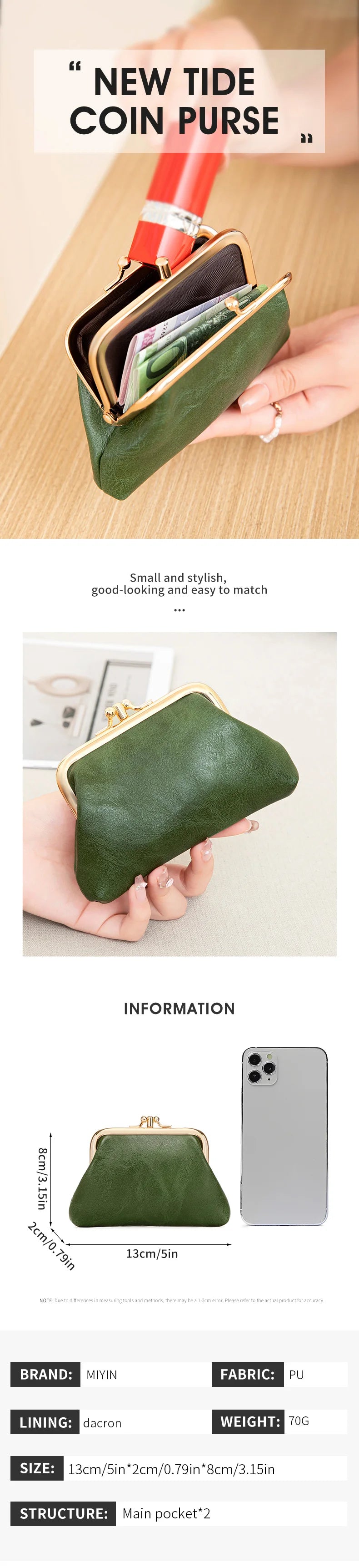 Cute Clip Lock Women's Coin Purse Retro Solid Color Bifold Kiss Lock Small Wallet Simple PU Leather Lipstick Portable Pocket Bag