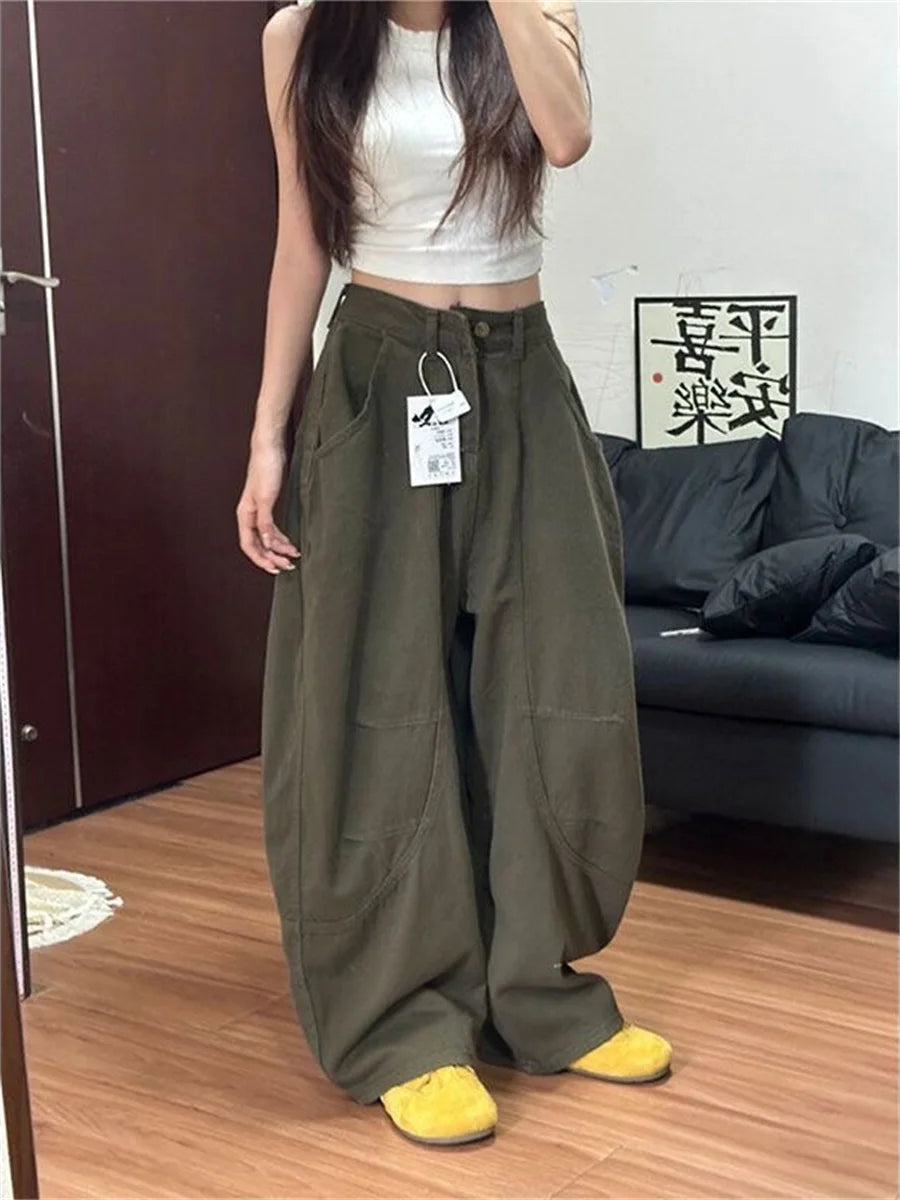 Botvotee Baggye Jeans for Women Army Green High Waist Loose Vintage Y2k  Long Denim Pants Female Fashion Streetwear Washed Jeans