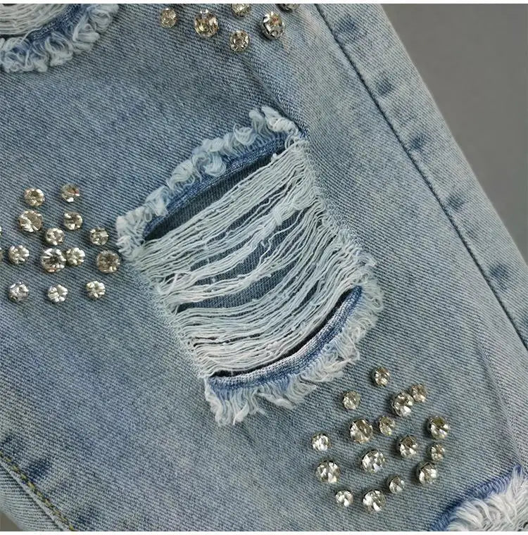 Heavy industry Diamond studded ripped Jeans Women's Street wear 2025 Summer New Loose Nine point Pants Casual Denim Trousers