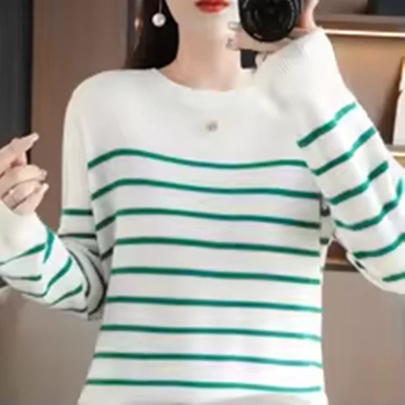 Women's Korean Version Spring Sweater With Dual Color Striped long Sleeved Round Neck New Pullover Sweater Made 100% Cotton  SMY