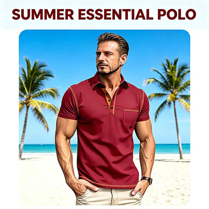 Summer Men's Short Sleeve Polo Shirt 2024 New Pocket Lapel Top, Breathable Polyester Casual Men's Polo Shirt for Daily Wear