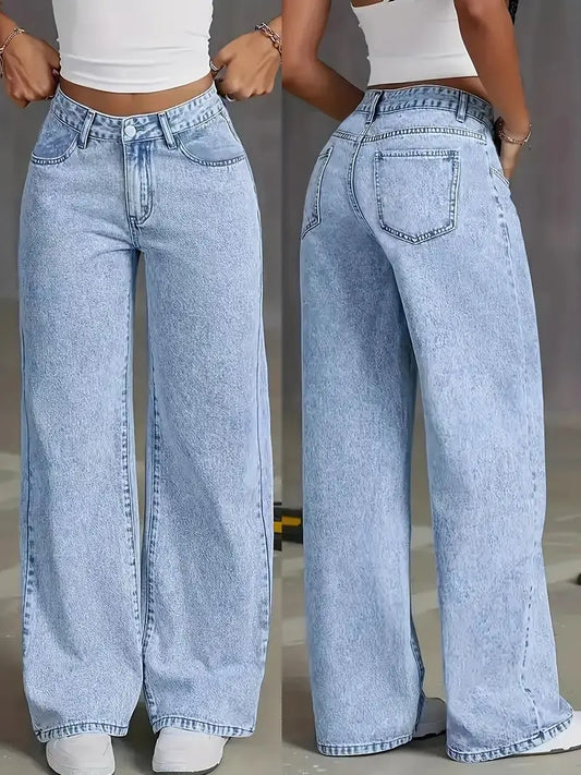 Women's Stretchy Loose Wide-Leg Straight Jeans, Acid-Washed Light Blue, Tummy Control, Casual Comfortable Solid Color Elegant Long Pants