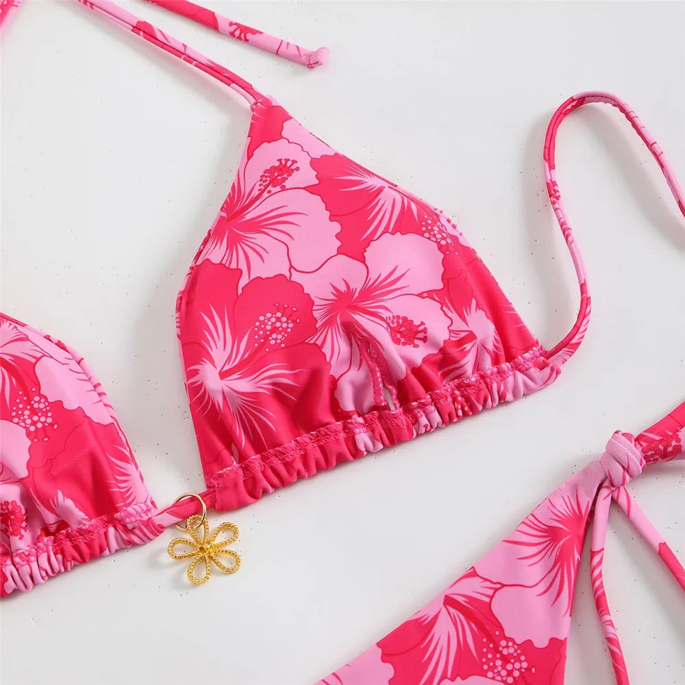 Blue Floral Print Swimwear Halter String Triangle Bikini Micro Mini Thong Sexy Swimsuit Women 2026 Bather Biquinis Bikinis Sets