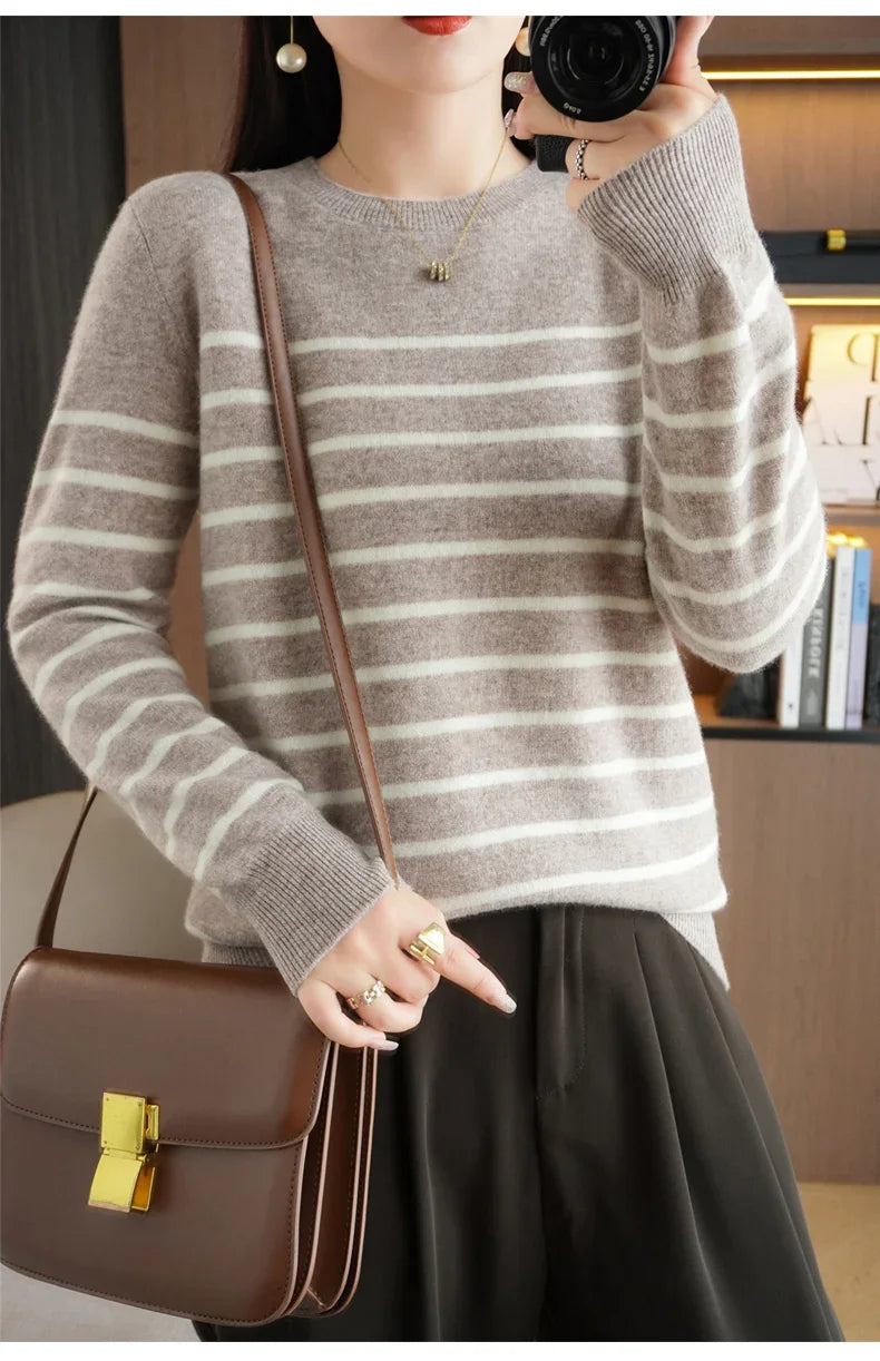 Women's Korean Version Spring Sweater With Dual Color Striped long Sleeved Round Neck New Pullover Sweater Made 100% Cotton  SMY