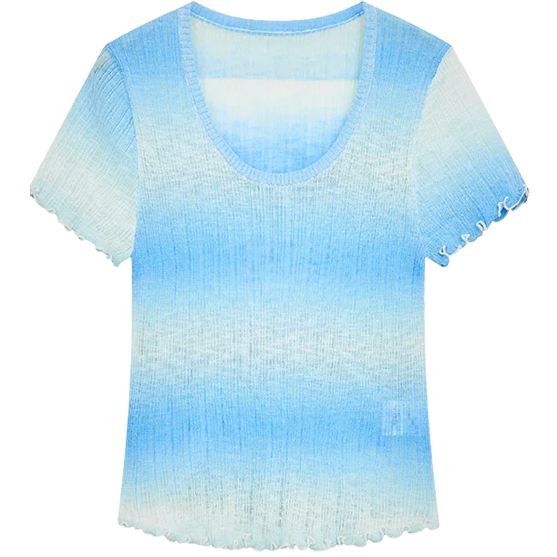 ELFSACK 2025 Summer Black Fungus Edge Round Neck Short Sleeve Casual Knitted Sweater For Women