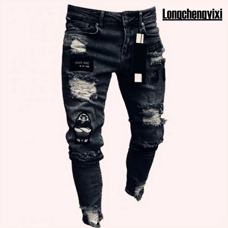 Man Pants Retro Washing Zipper Stretch Jeans Casual Slim Fit Trousers Male Plus Size Pencil Pants Denim Skinny Jeans for Men