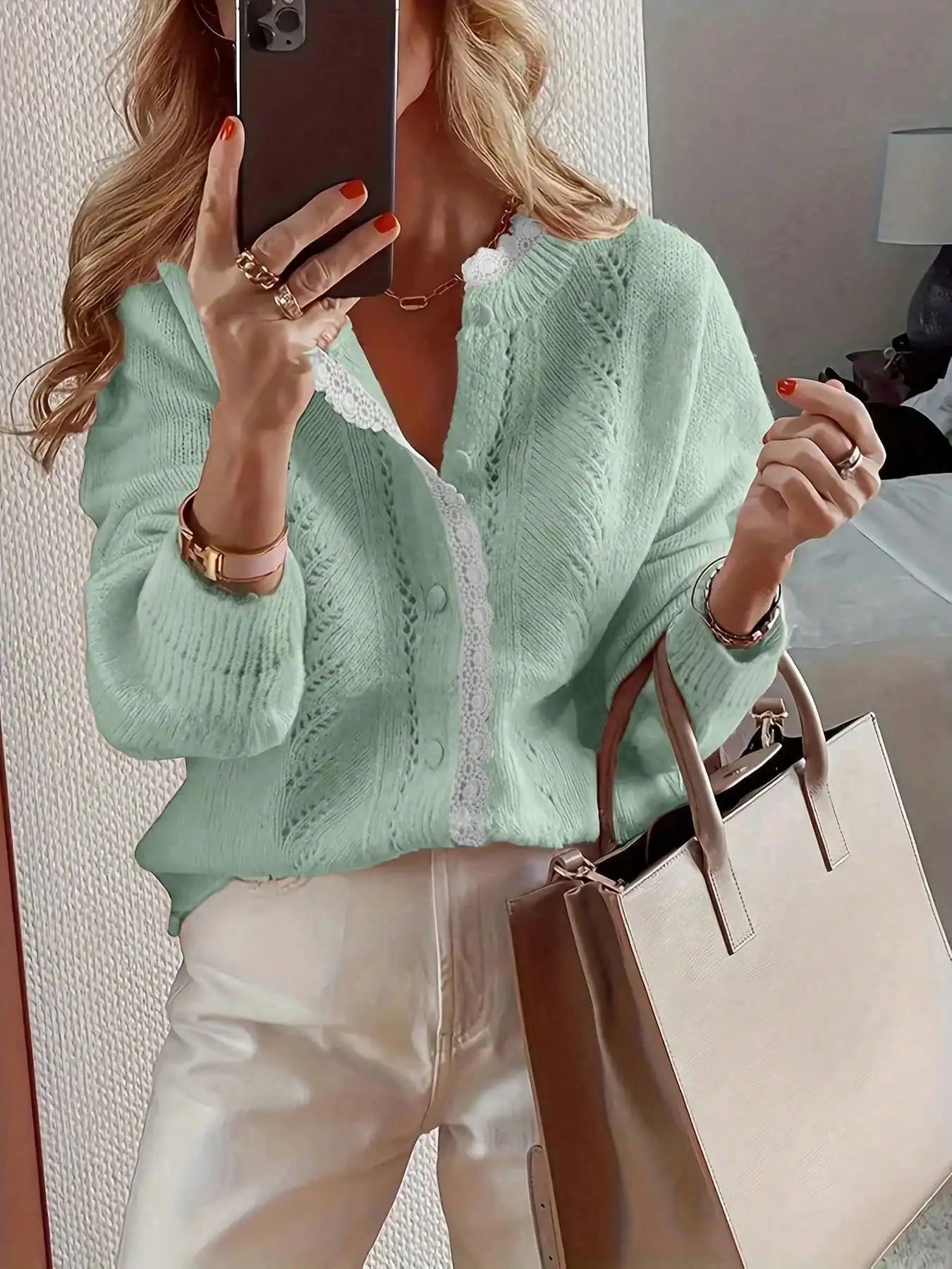 Gentle Style Short Sweater Women's Design Lace Cardigan Jacket Knitted Top