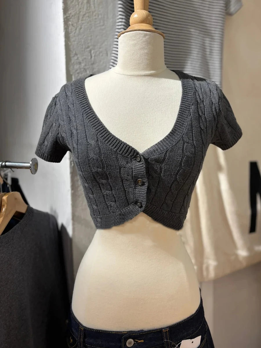 Twisted Flower Cropped Knitwear Women Cotton V-neck Single Breasted Long Sleeve Slim Crop Tops Vintage Chic Sweater Cardigan Y2K