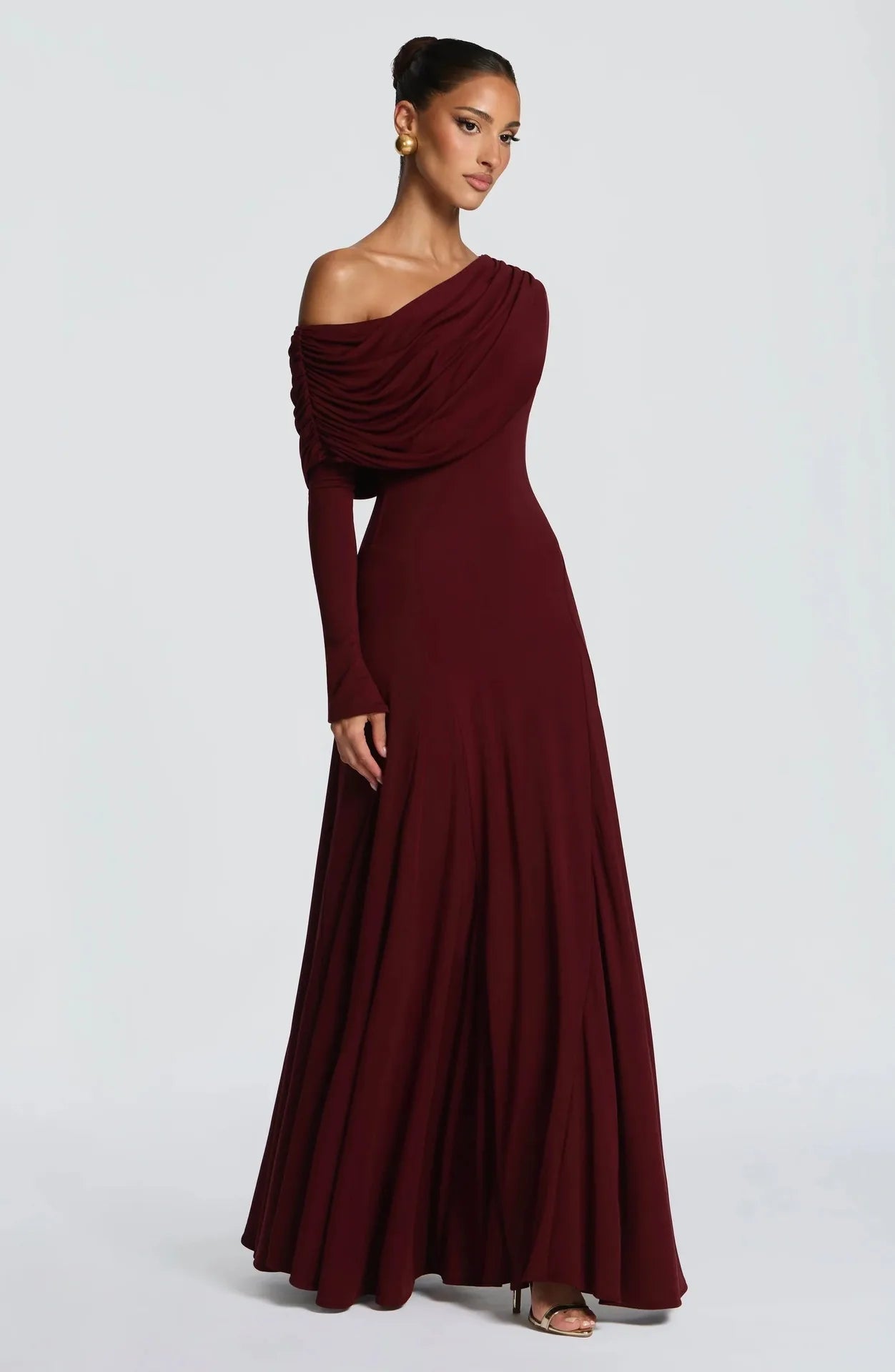 Elegant Long Sleeve Slanted Shoulder Party Club Evening Dress For Women 2025 New Dress Sexy Shrink Fold Winter Vestidos
