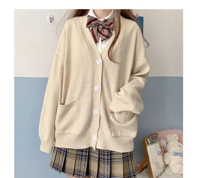 Japanese School Basic Sweaters Women Autumn Kawaii Solid V-neck Loose Knitted Cardigan Preppy Style Uniform Cosplay