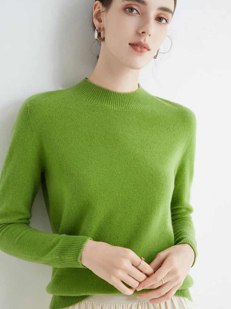 Women 100% Merino Wool Sweater For Autumn Winter  First Line Seamless Half-high Collar Pullover Basic Top OL Solid Soft Cashmere