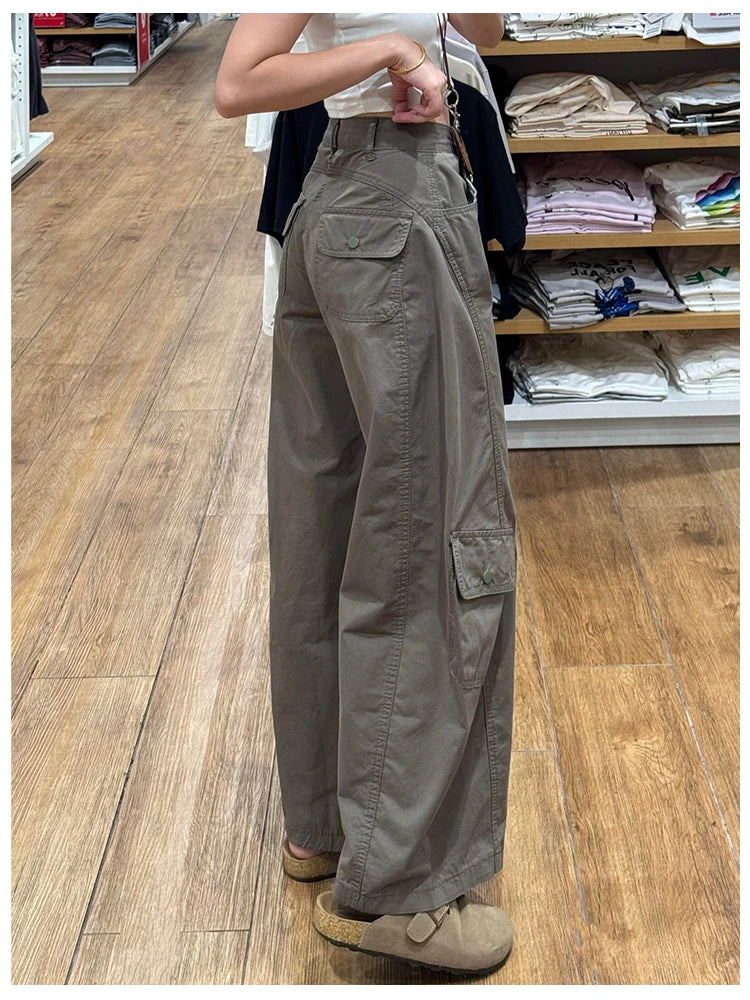 American Style plus Size Military Green Denim Pants Women's Spring Loose Slim Wide Leg Casual Trousers Multiple Pockets