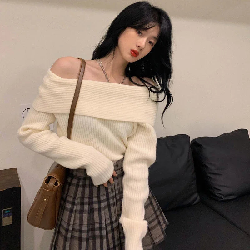 Smvp Slash Neck Knitted Sweater Women Sexy Off Shoulder Long Sleeve Pullovers Female Korean Elegant Thicken Slim Jumpers Top