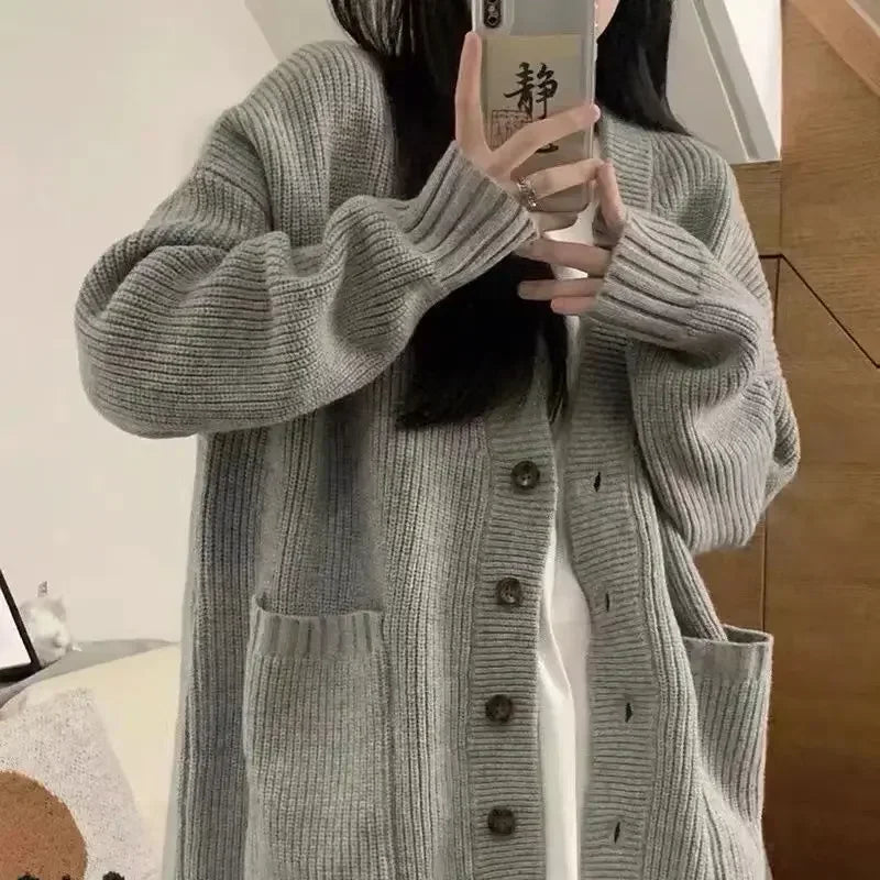 2024 New Preppy Style Women's Knit Sweater Cardigan Loose Fit V-neck Versatile Solid Color Korean Version Pullovers