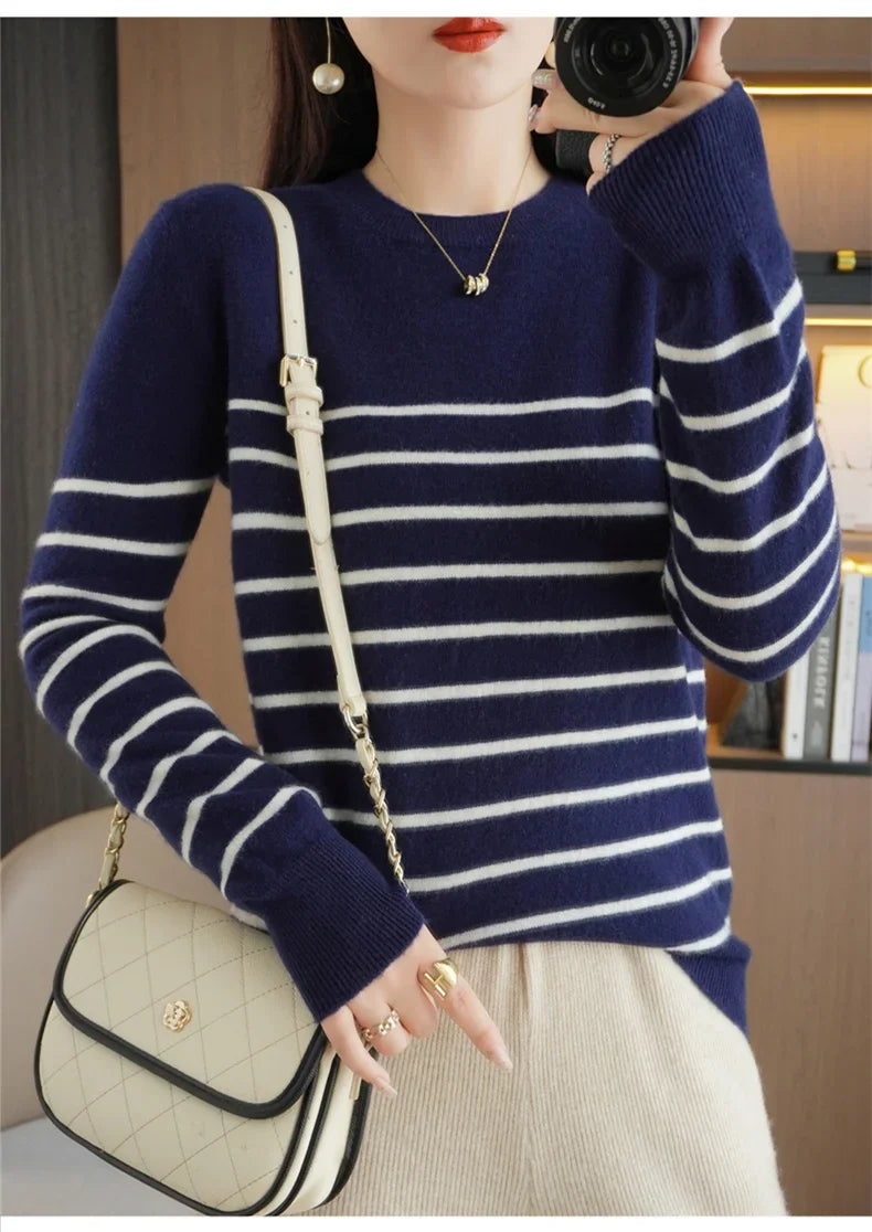 Women's Korean Version Spring Sweater With Dual Color Striped long Sleeved Round Neck New Pullover Sweater Made 100% Cotton  SMY