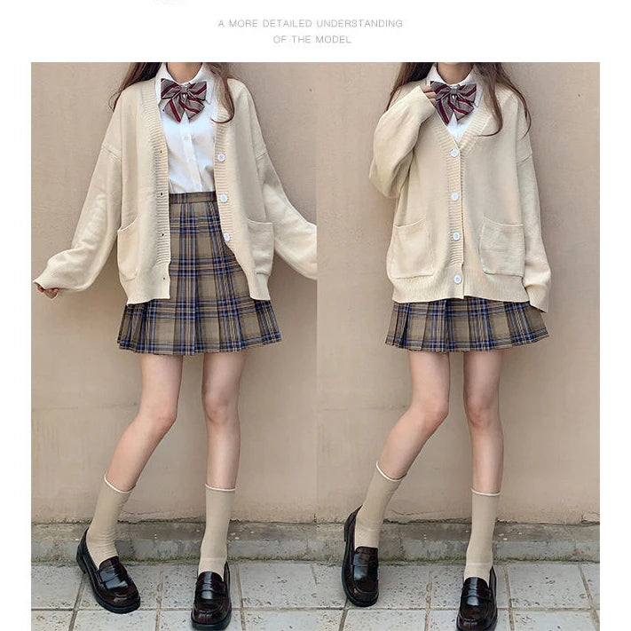 Japanese School Basic Sweaters Women Autumn Kawaii Solid V-neck Loose Knitted Cardigan Preppy Style Uniform Cosplay