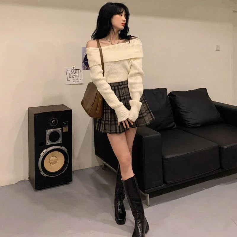 Smvp Slash Neck Knitted Sweater Women Sexy Off Shoulder Long Sleeve Pullovers Female Korean Elegant Thicken Slim Jumpers Top