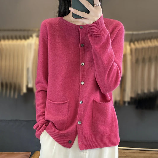 Women's Round Neck Knitted Solid Color Double Pocket Sweater For Autumn And Winter Warm And Loose Knit Cardigan Soft Wool Top ZD