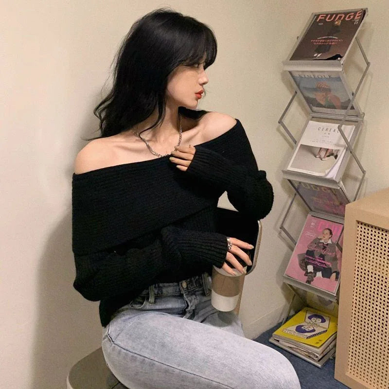 Smvp Slash Neck Knitted Sweater Women Sexy Off Shoulder Long Sleeve Pullovers Female Korean Elegant Thicken Slim Jumpers Top