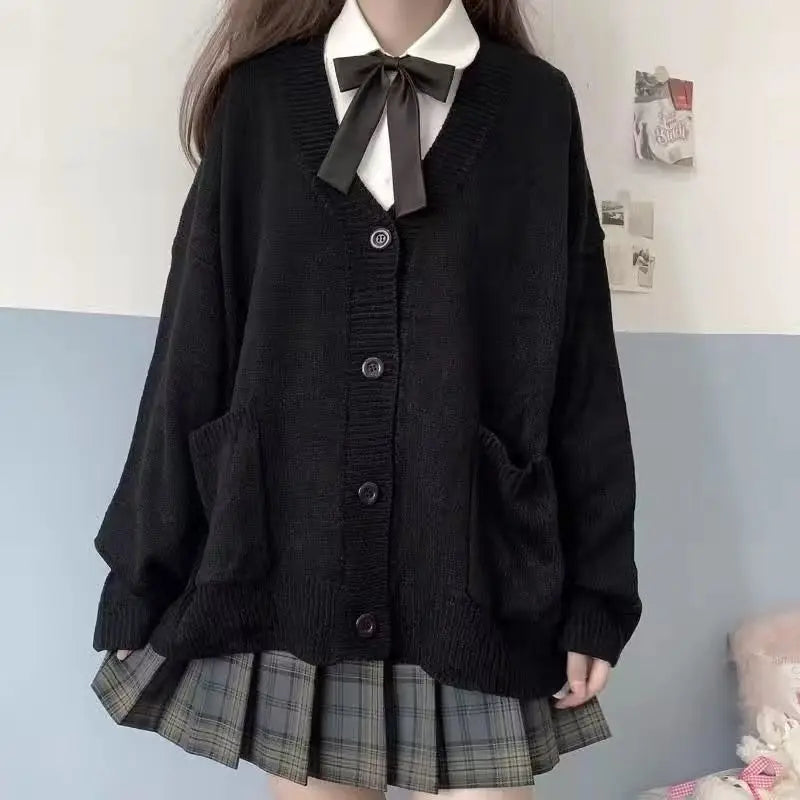 Japanese School Basic Sweaters Women Autumn Kawaii Solid V-neck Loose Knitted Cardigan Preppy Style Uniform Cosplay