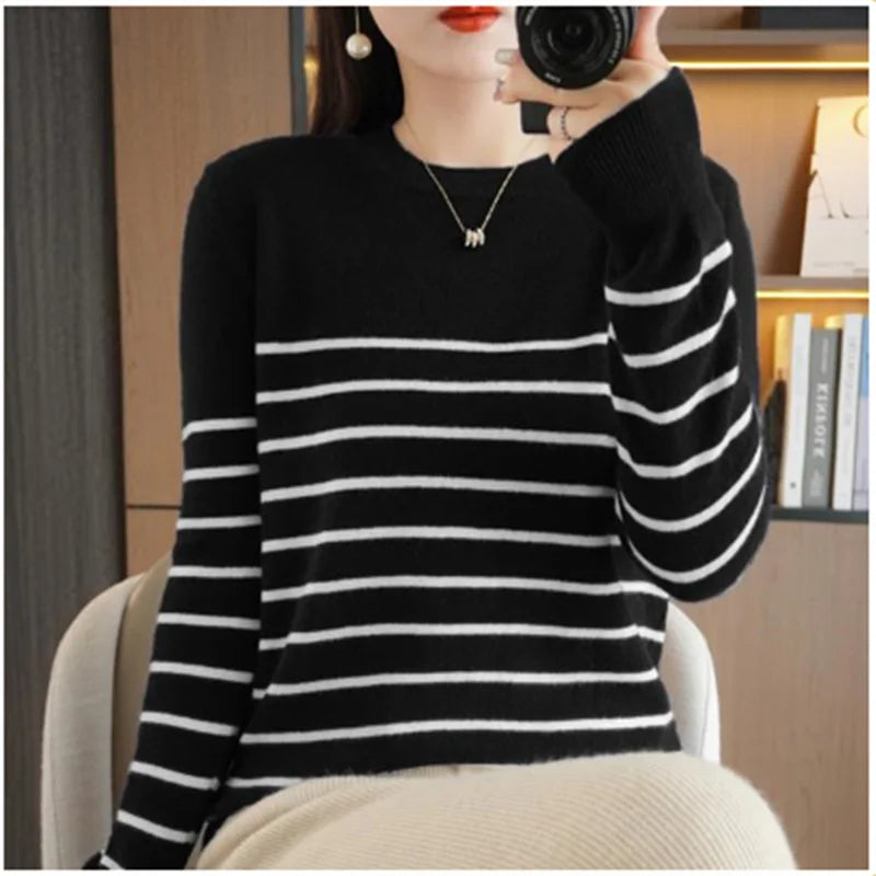 Women's Korean Version Spring Sweater With Dual Color Striped long Sleeved Round Neck New Pullover Sweater Made 100% Cotton  SMY