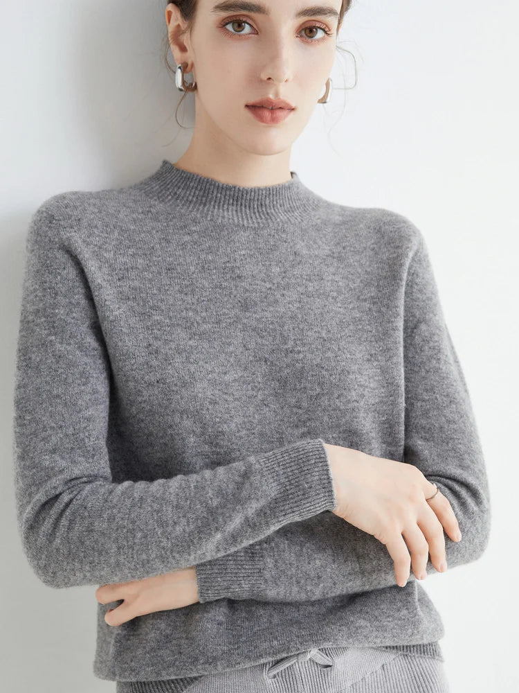 Women 100% Merino Wool Sweater For Autumn Winter  First Line Seamless Half-high Collar Pullover Basic Top OL Solid Soft Cashmere