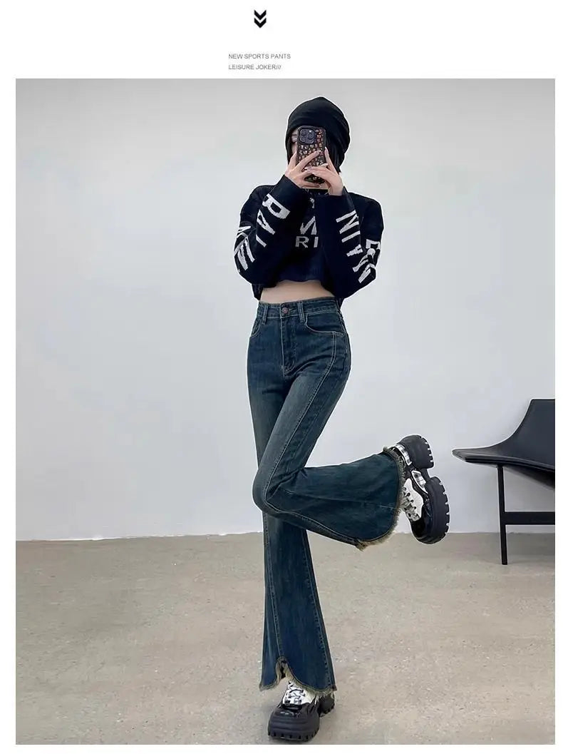 Plus-size slit elastic flared jeans for women, autumn high-waisted slimming straight wide-leg floor-length pants for plus-size