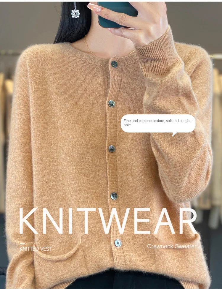 Women's Round Neck Knitted Solid Color Double Pocket Sweater For Autumn And Winter Warm And Loose Knit Cardigan Soft Wool Top ZD