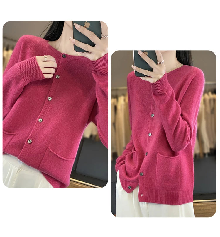 Women's Round Neck Knitted Solid Color Double Pocket Sweater For Autumn And Winter Warm And Loose Knit Cardigan Soft Wool Top ZD