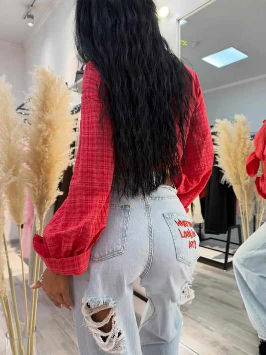 New retro embroidered letter jeans for women high waisted straight leg classic hip-hop comfortable stretch denim pants