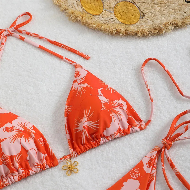 Blue Floral Print Swimwear Halter String Triangle Bikini Micro Mini Thong Sexy Swimsuit Women 2026 Bather Biquinis Bikinis Sets