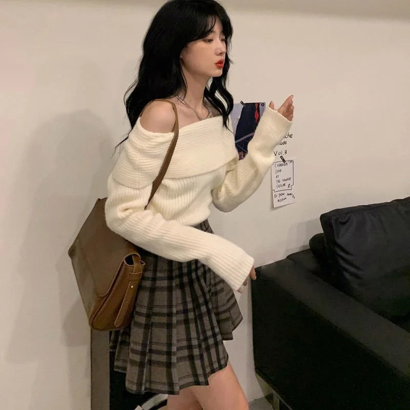 Smvp Slash Neck Knitted Sweater Women Sexy Off Shoulder Long Sleeve Pullovers Female Korean Elegant Thicken Slim Jumpers Top