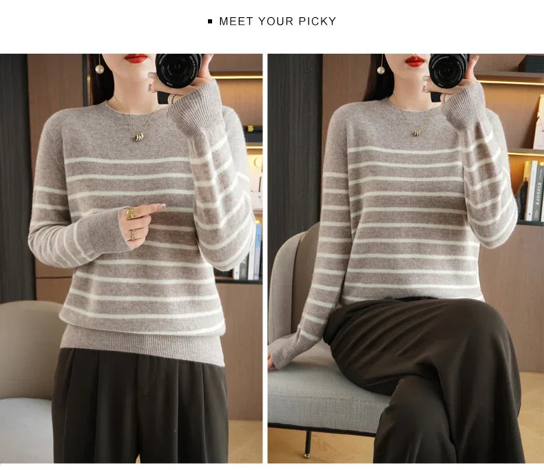Women's Korean Version Spring Sweater With Dual Color Striped long Sleeved Round Neck New Pullover Sweater Made 100% Cotton  SMY