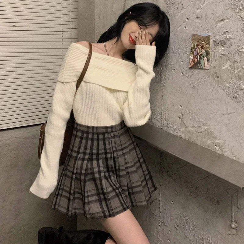 Smvp Slash Neck Knitted Sweater Women Sexy Off Shoulder Long Sleeve Pullovers Female Korean Elegant Thicken Slim Jumpers Top